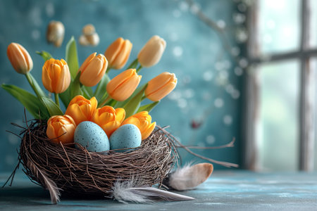Easter festive spring table setting decoration, eggs in nest, fresh yellow tulips in vase, marshmallows, feathers, family dinner or breakfast conceptの素材