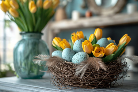 Easter festive spring table setting decoration, eggs in nest, fresh yellow tulips in vase, marshmallows, feathers, family dinner or breakfast conceptの素材