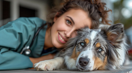 Veterinarian in a veterinary clinic with dogの素材