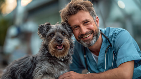 Veterinarian in a veterinary clinic with dogの素材