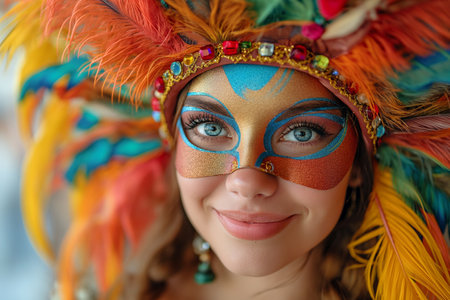 portrait of happy smiling woman in bright carnival Venetian Mask on white backgroundの素材