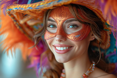 portrait of happy smiling woman in bright carnival Venetian Mask on white backgroundの素材