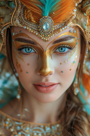 portrait of happy smiling woman in bright carnival Venetian Mask on white backgroundの素材