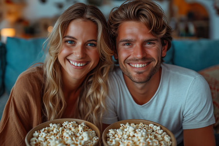 man and woman watching TV, sitting on sofa in blue living room, eating popcornの素材