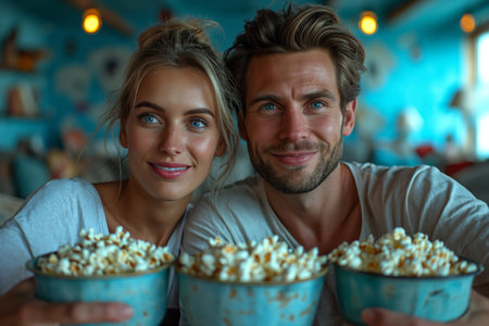 man and woman watching TV, sitting on sofa in blue living room, eating popcornの素材