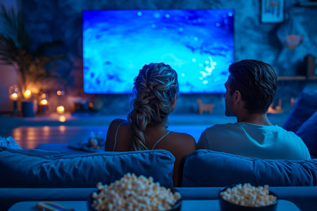 man and woman watching TV, sitting on sofa in blue living room, eating popcornの素材