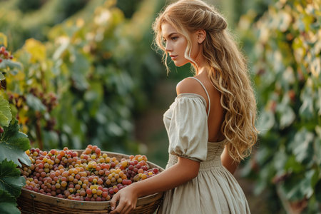 A woman in a long light skirt and short top in a vineyard collects grapes in a basketの素材