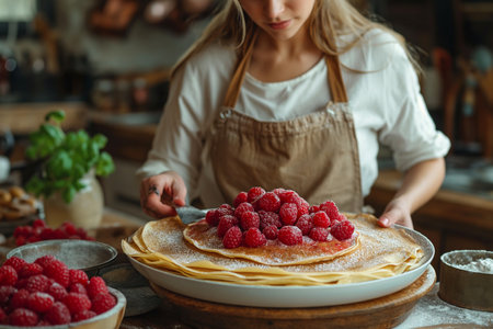Young woman cooking pancakes with strawberries in the kitchenの素材