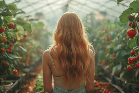 Young woman with long hair in a greenhouse with strawberriesの素材