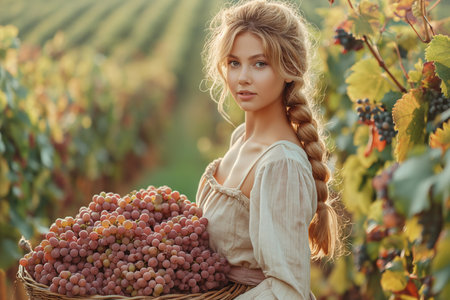 A woman in a long light skirt and short top in a vineyard collects grapes in a basketの素材