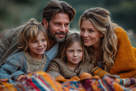 Photo of a family enjoying a picnic in the park, with a colorful blanket and treatsの素材