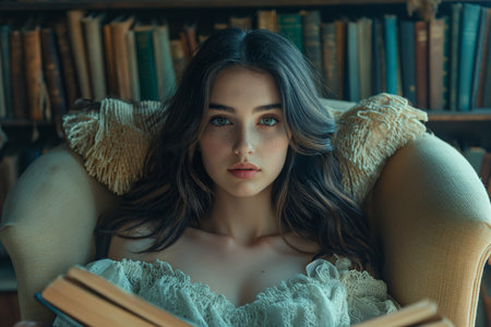 adolescent girl rests cozily in an armchair, engrossed in a captivating bookの素材