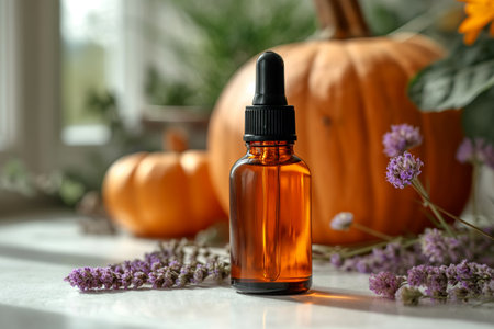 Still Life of Pumpkin and Pumpkin Essential Oil Captured on a White Surfaceの素材