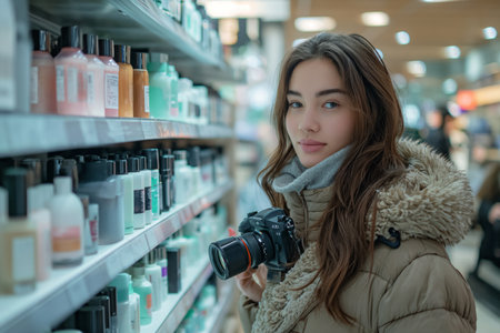 A young woman of 30 years old is filming a video blog. Walks around the store and shows cosmeticsの素材