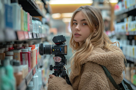 A young woman of 30 years old is filming a video blog. Walks around the store and shows cosmeticsの素材