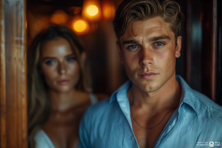 young english man in blue shirt is standing close to the door of a quiet dark luxuriant room in the night with a young lady in white arm dressの素材