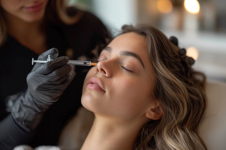 A cosmetologist, a woman about 35 years old, gives beauty injections to a woman about 30 years old, who is lying on the couchの素材