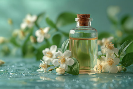Photo of Jasmine Flowers and Essential Oil on a Lush Green Backgroundの素材