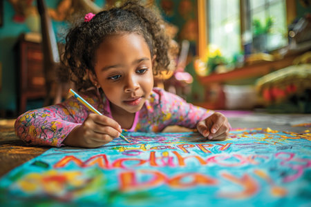 An 8 year old African-American girl draws a card with the inscription "Happy Mother's Day!"の素材