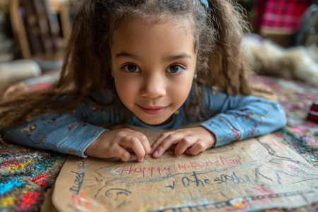 An 8 year old African-American girl draws a card with the inscription "Happy Mother's Day!"の素材