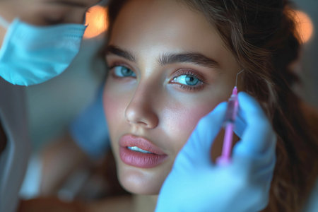 A cosmetologist, a woman about 35 years old, gives beauty injections to a woman about 30 years old, who is lying on the couchの素材