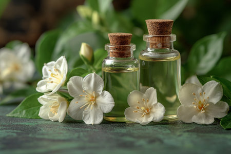 Photo of Jasmine Flowers and Essential Oil on a Lush Green Backgroundの素材