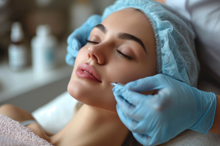 A cosmetologist, a woman about 35 years old, gives beauty injections to a woman about 30 years old, who is lying on the couchの素材