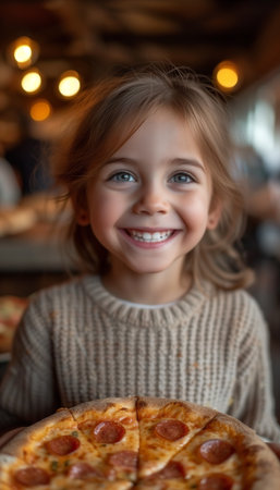 Portrait of Child Delighting in Pizzeria Pizzaの素材