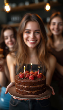 Sweet Celebration: Friends Enjoying Chocolate Cake Togetherの素材