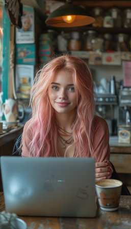 Happy Girl with Pink Hair in Cafe with Laptopの素材