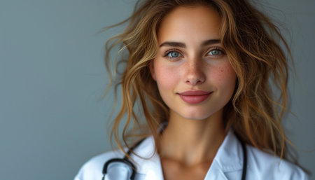 Woman in White Lab Coat Looking at Camera with Copy Spaceの素材
