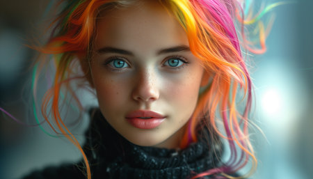 Colorful Creativity: Dynamic Illustration of Character with Multicolored Hairの素材