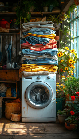 Dirty Laundry Stacked by Washing Machineの素材