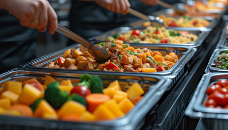 Catered Buffet Delight: Group Dining on Meat and Fresh Produceの素材