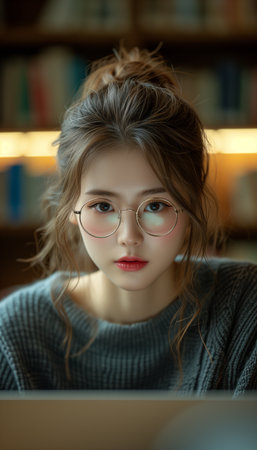 Library Learning: Female Student Studying with Laptopの素材