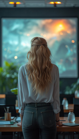 Businesswoman Delivering Presentation in Expansive Meeting Roomの素材