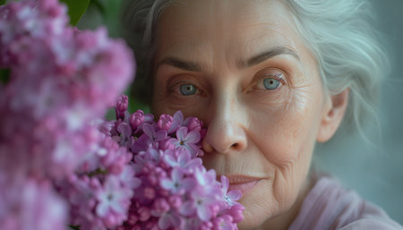 Joyful senior woman enjoying the fragrance of lilacsの素材