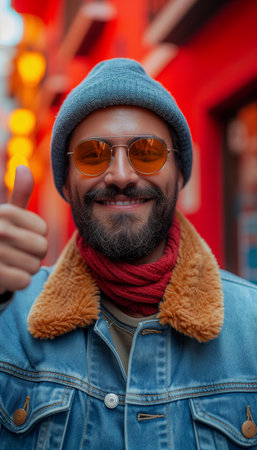 Travel Vlogger Excitement: Thumbs Up in Denim Jacketの素材