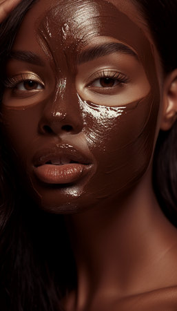 Close-up Beauty Portrait of Light-Skinned Black Woman Applying Clay Maskの素材