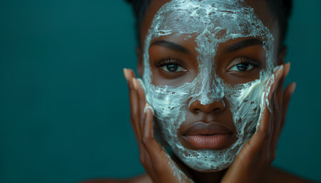 Close-up Beauty Portrait of Light-Skinned Black Woman Applying Clay Maskの素材