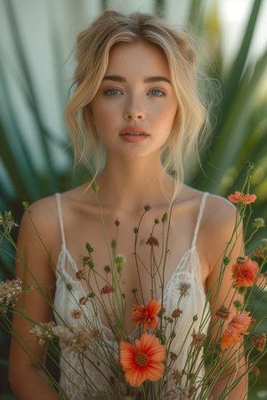 Blonde Woman Embracing Flowers in Sunshineの素材