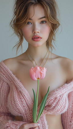 Model in Minimal Pink Knit Two-Piece Set Holding Delicate Tulipの素材