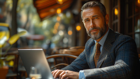 Stylish Mid-30s Gentleman in Dark Blue Suit on Cafe Terrace with laptopの素材