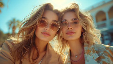 Two Fashionable Friends Rocking Stylish Sunglasses and Trendy Outfits in Urban Settingの素材