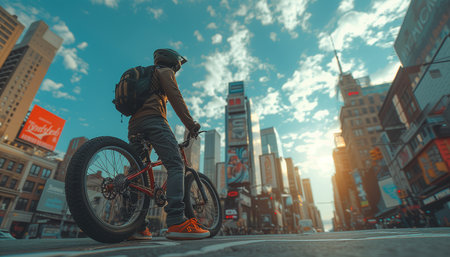 Sunny Urban Ride: Cyclist in Black and Green Gear Against Cityscape, Orange Sneakers Poppingの素材