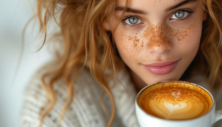 Young Woman Delighting in the Aroma of Freshly Brewed Coffee Against a White Backdropの素材