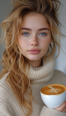 Young Woman Delighting in the Aroma of Freshly Brewed Coffee Against a White Backdropの素材