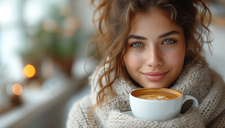 Young Woman Delighting in the Aroma of Freshly Brewed Coffee Against a White Backdropの素材