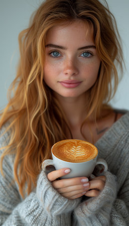 Young Woman Delighting in the Aroma of Freshly Brewed Coffee Against a White Backdropの素材