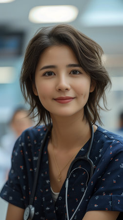 Energetic Chinese Female Doctor Engages Patients with Kindness and Professionalism in Casual Hospital Settingの素材